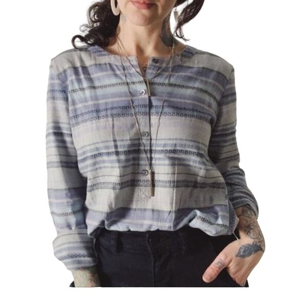 J. JILL Popover Tunic Button Down Shirt Henley Aztec Striped Blue White Size S - Picture 1 of 9